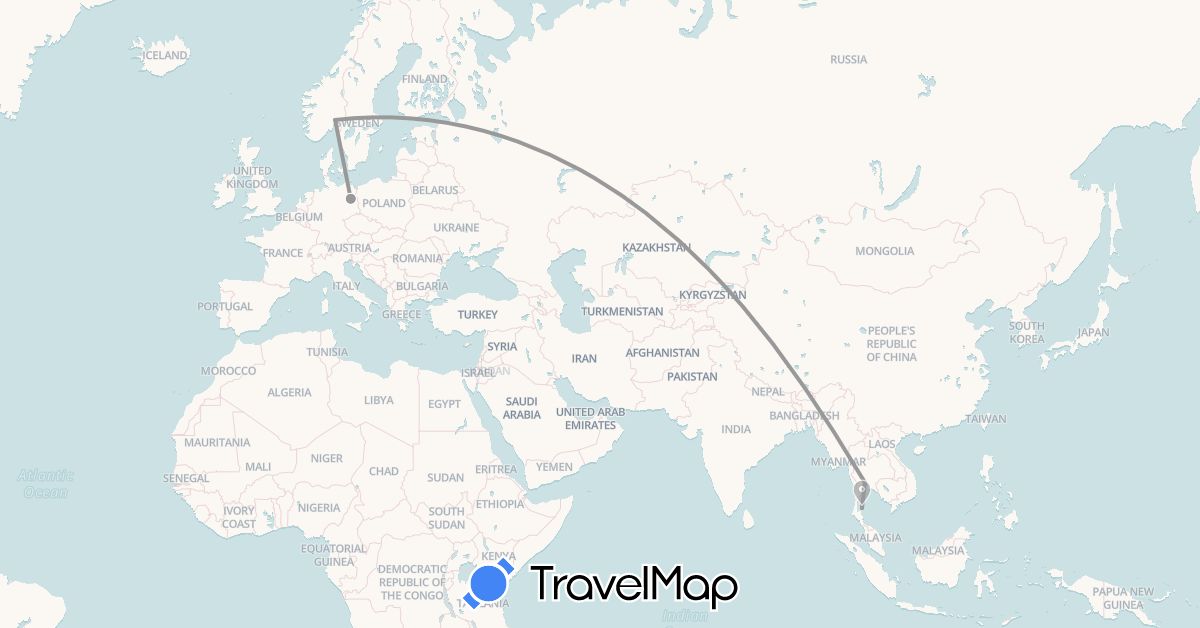 TravelMap itinerary: driving, plane in Germany, Norway, Thailand (Asia, Europe)